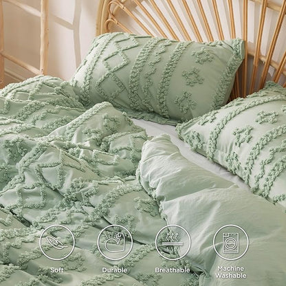 Bedsure Boho Twin Duvet Cover, Soft & Comfortable Elegant Design Boho Bedding for Decoration, Machine Washable Comforter Cover for All Seasons,Includes 1 Duvet Cover & 1 Pillow Sham,Light Green