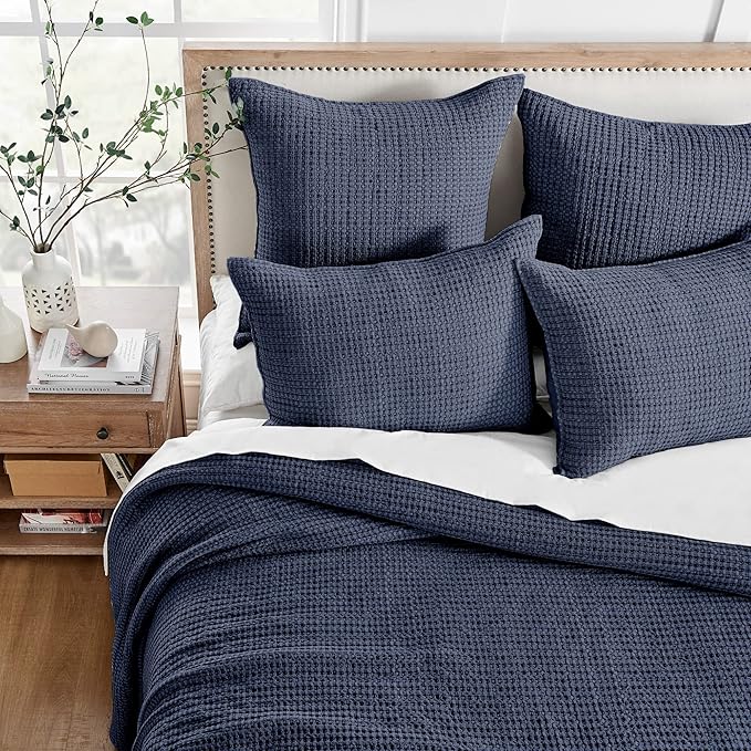 Levtex Home Mills Waffle Full/Queen Quilt Set (88x92in) with 2 Pillow Shams (26x20in) - Navy - 100% Cotton Full/Queen Size Quilt Bedding Set - Lightweight, Soft, Pre-Washed