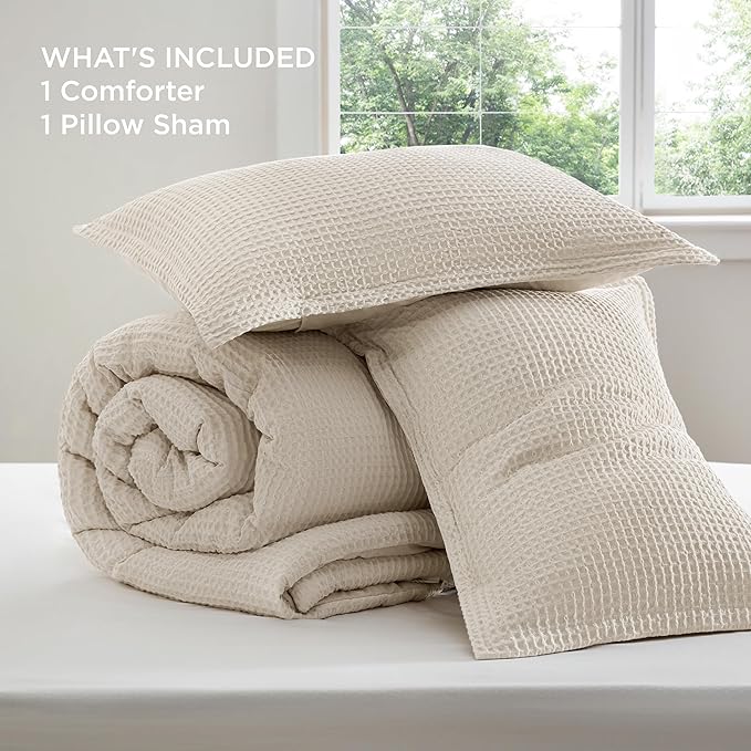 Bedsure Waffle Comforter Set Twin, Beige Soft Bedding, Waffle Weave Bed Set, 2 Pieces, 1 Comforter (68"x90") and 1 Pillow Sham, Cotton Shell and Polyester Lining for All Seasons