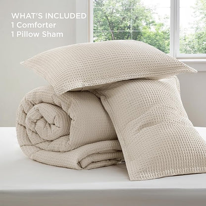 Bedsure Waffle Comforter Set Twin, Beige Soft Bedding, Waffle Weave Bed Set, 2 Pieces, 1 Comforter (68"x90") and 1 Pillow Sham, Cotton Shell and Polyester Lining for All Seasons