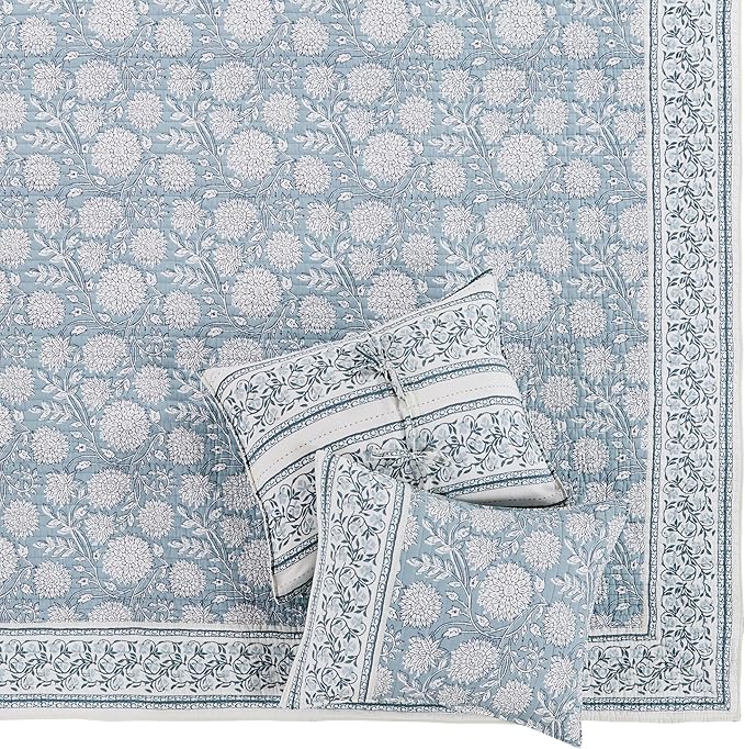 Levtex Home – Adare Blue Bedspread Set – Queen Bedspread (110x106in.) and 2 Standard Shams (20x26in.) – Floral Botanical Design – Blue and White – Reversible – Cotton