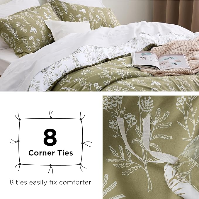 Bedsure Twin/Twin XL Duvet Cover - Reversible Olive Green Duvet Cover Set with Zipper Closure, 2 Pieces Cute Floral Patterned Bedding Set with 8 Corner Ties and 1 Pillow Sham