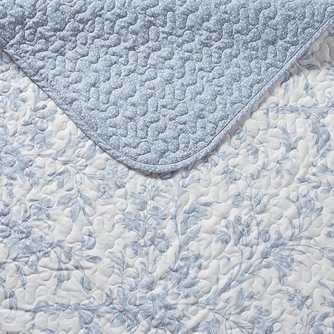 Laura Ashley - King Quilt Set, Soft Cotton Bedding with Reversible Design, Medium Weight for Year Round Use, 3 Piece Bed Set with Matching Pillowcases (Amberley Blue)