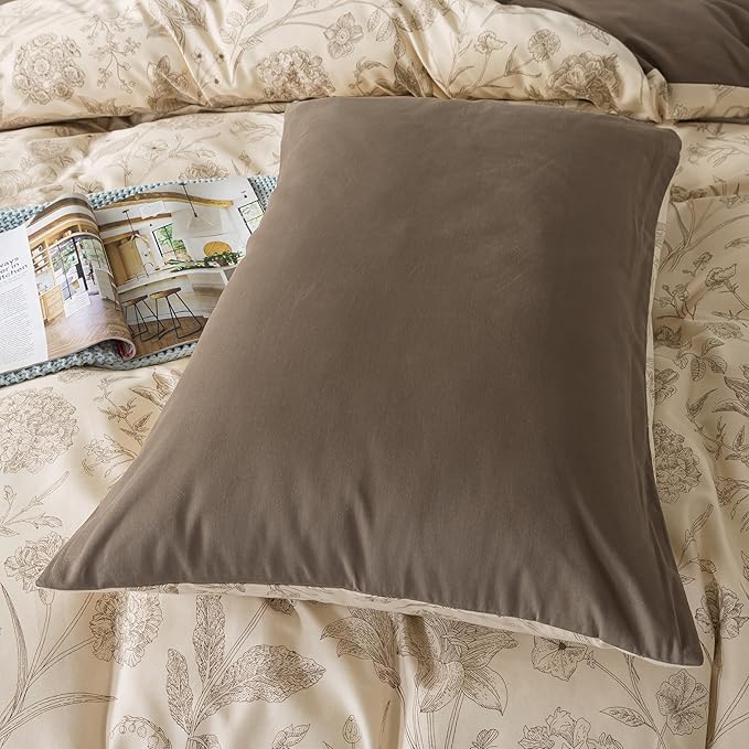 Zusbest 100% Cotton Khaki Floral Pillowcases Standard Size Set of 2, 19''×29'', Queen Size Beige Vintage Toile Floral Printed Reversible Pillow Covers Soft Envelope Queen Pillowcase Protectors