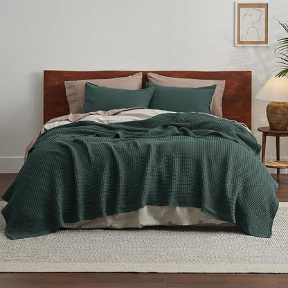 Bedsure Gentlesoft 100% Cotton Blanket King Size for Bed - Breathable and Soft for Spring Summer, Thick Cozy Waffle Weave Blanket Gifts for Women, Dark Green, 104x90 inches