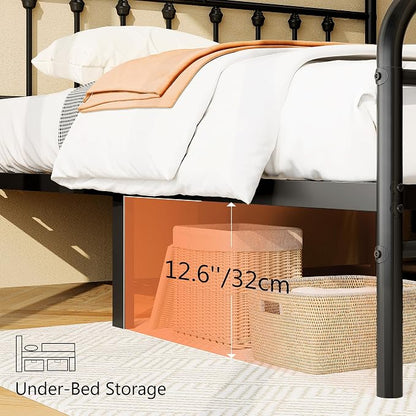 zunatu King Size Metal Bed Frame with Victorian Style Headboard and Footboard, Steel Slat Support Platform Bed, No Box Spring Needed, Under Bed Storage, Easy Assembly, Black