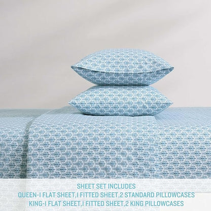 Tommy Bahama - Queen Sheet Set, Super Soft Cotton Percale Bedding with Matching Shams, Tropical Bedding Set, Oeko-Tex Certified (Coastal Batik Blue, Queen)