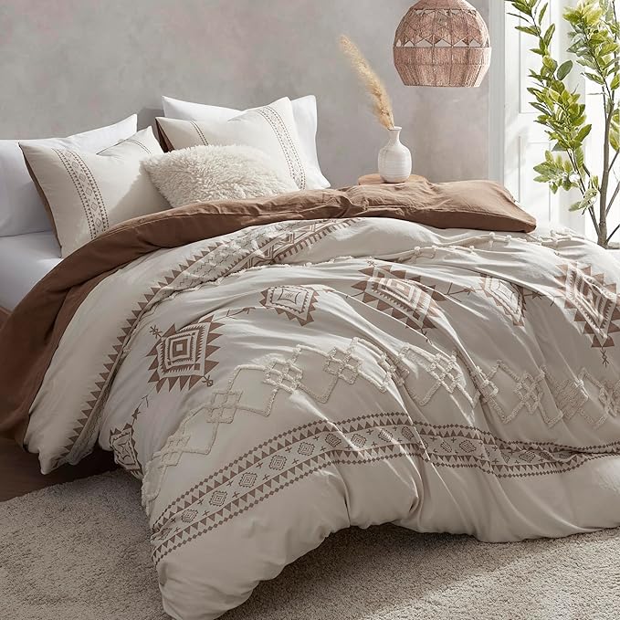 Oli Anderson Boho Duvet Cover Set Queen Size, Beige and Terracotta Color Clash 3 Pieces Microfiber Bedding Set, Durable and Super Soft Duvet Covers with Zipper and Ties, 90"*90"