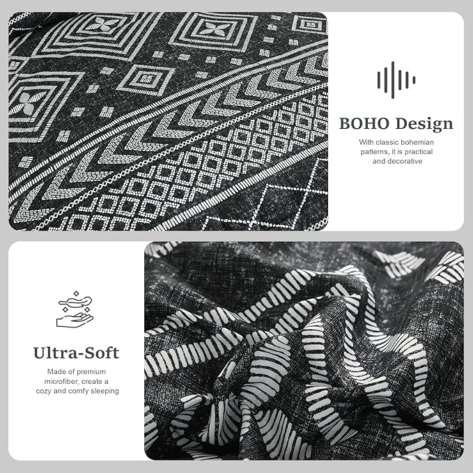 Yiran Boho Twin Comforter Set with Sheets, 6 Piece Black Comforter Bedding Set, Aztec Bed in a Bag, Soft Microfiber Bohemian Striped Complete Bedding Set with Sheets for All Season