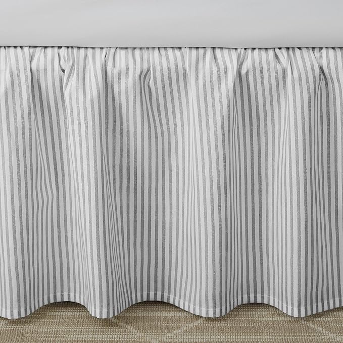 Laura Ashley Home - Cotton Ruffled Bedskirt, Lightweight & Classic Style (Ticking Stripe Grey, King)