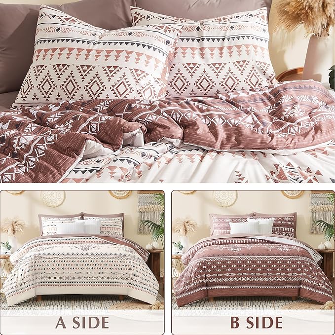 Geniospin King Size Comforter Set- 7 Pieces Boho Bed in a Bag, Western Bedding Set for All Seasons, Reversible Aztec Bedding, Lightweight Comforter Bed Set with Sheets, Pillowcases & Shams
