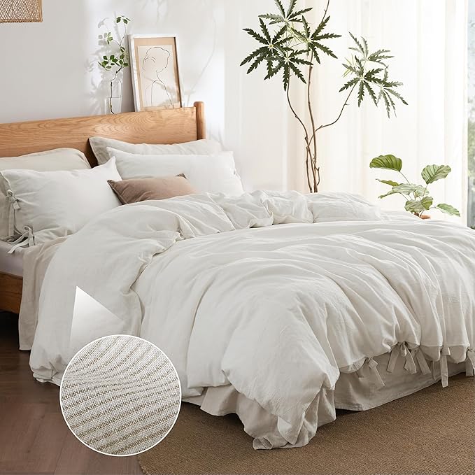 Bedsure Striped Duvet Cover Queen Size – Moisture-Wicking Eucalyptus Lyocell, Cotton & Linen Hybrid Comforter Cover Set with Bowknot Ties Closure – GentleSoft™ & Breathable Bedding Set–White