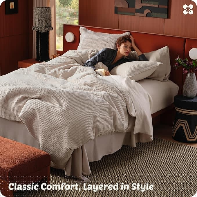 Bedsure Cotton Duvet Cover Set - 100% Cotton Waffle Weave Linen Color Duvet Cover California King Size, GentleSoft™ and Breathable Cal King Bedding Set for All Season, 3 Pieces, 104"x98"