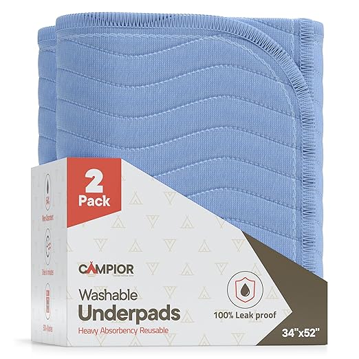 Washable Underpads Extra Large 34"x52" (Pack of 2) – Reusable Waterproof Bed Pads for Adults & Seniors, Extra Heavy Absorbency Incontinence & Bedwetting Pads, Soft Non-Slip TPU Backing, Blue.