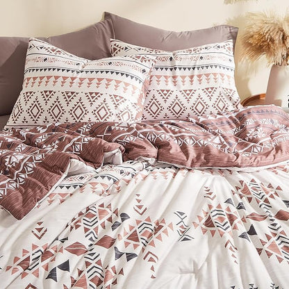 Geniospin Queen Comforter Set - 7 Pieces Reversible Bedding Set, Boho Bed in A Bag, Lightweight Soft Aztec Bedding, All Season Bed Comforter Set with Sheets, Pillowcases & Shams