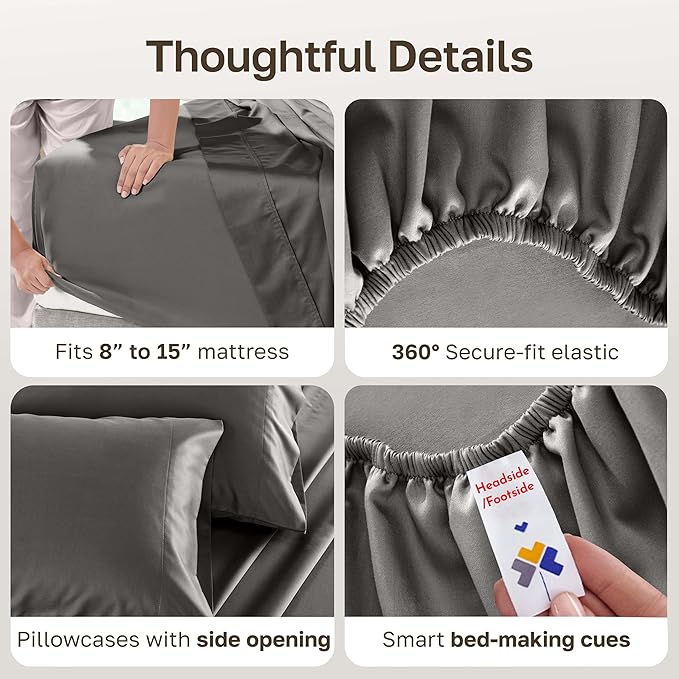 California Design Den Sheet Set Split-King - 500 Thread Count 100% Cotton, Sateen Weave, Breathable Sheet Set, Luxury Sheets for Adjustable Bed Split King, 100% Cotton - Dark Grey