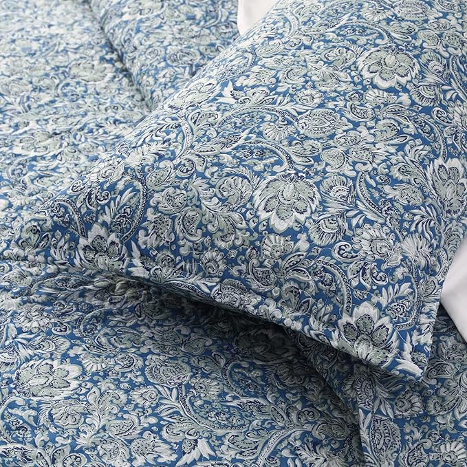 DURLENGEN Quilt Set Queen Size 3Pcs,Soft Microfiber Lightweight Bedspread,Blue & Green Paisley Floral Geometric Pattern Coverlet for All Season Layering(Queen 90x96,Paisley Blue)