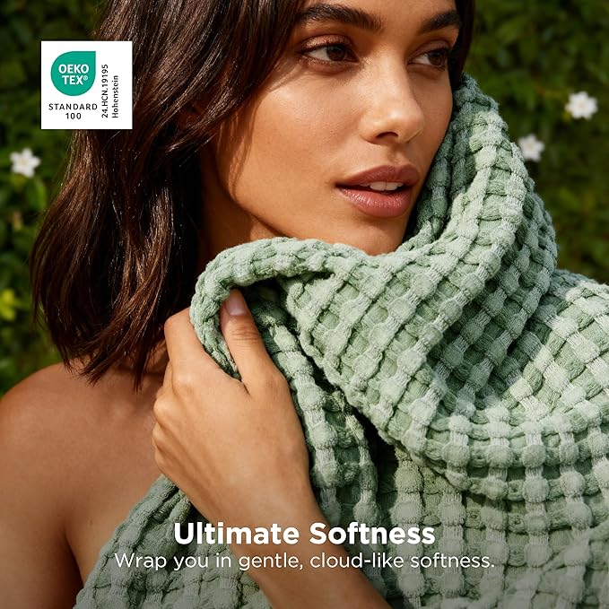 Bedsure Cooling Cotton Waffle Queen Size Blanket - Lightweight Summer Blanket of Rayon Derived from Bamboo for Hot Sleepers, Luxury Throws for Bed, Couch and Sofa, Sage Green, 90x90 Inches