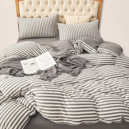 PURE ERA Jersey Knit Duvet Cover Set 100% T-Shirt Heather Cotton Super Soft Comfy Classic Striped Design, with Zipper Closure, Grey Stripe, King