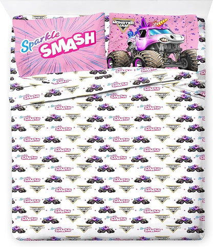 Jay Franco Kids Comforter Set Includes Sheets and Pillow Covers - Soft and Cozy Bed Set for Stylish Room Decor, Pink - Monster Jam, 7 Piece Queen Bedding