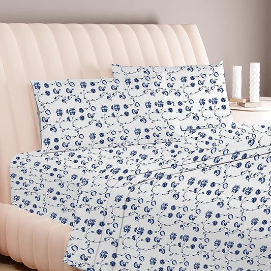 Carressa Linen Luxury Egyptian Cotton Twin XL Printed Sheet Set - 600 Thread Count Extra Long Staple 3 PC Set, Floral Blue Twin XL Sheets, Soft, Cooling Sateen Weave Sheets Upto 18 in Deep Pocket