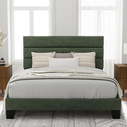 Allewie Full Size Platform Bed Frame with Fabric Upholstered Headboard and Wooden Slats Support, Fully Upholstered Mattress Foundation/No Box Spring Needed/Easy Assembly, Green