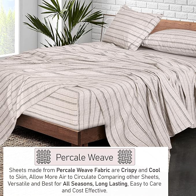 RUVANTI 100% Cotton Sheets – Twin XL Size Percale Bedding, Cooling & Breathable Floral Design, Durable with a Crisp, Soft & Comfortable Feel, 16" Deep Pocket, 3-Piece Set, Brown Stripes