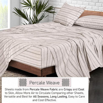 RUVANTI 100% Cotton Sheets – Split King Size Percale Bedding, Cooling & Breathable Floral Design, Durable with a Crisp, Soft & Comfortable Feel, 16" Deep Pocket, 5-Piece Set, Brown Stripes