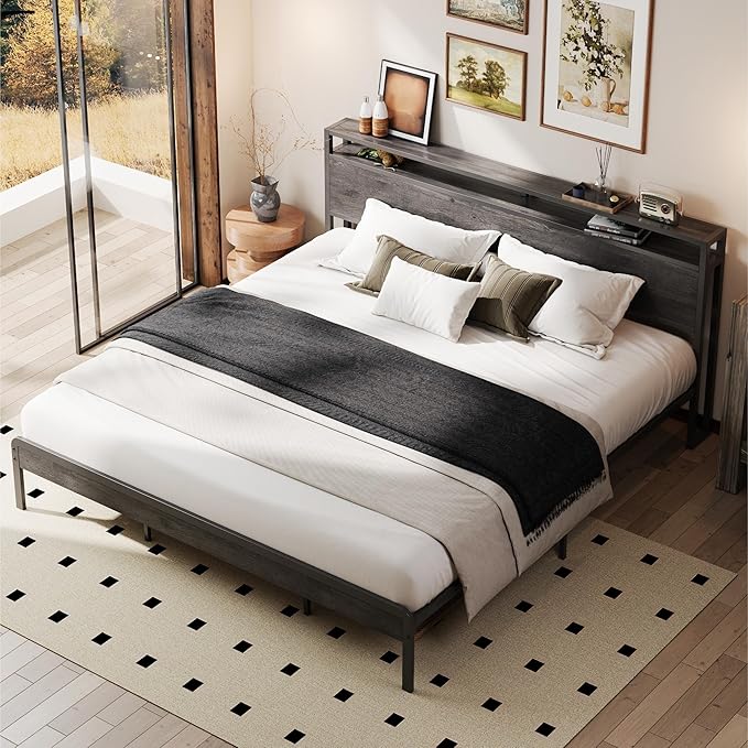 LIKIMIO California King Bed Frame with Headboard, Dark Wood Camas California King with Strong Supports, Sturdy, Noise-Free, No Box Spring Needed, Charcoal Grey