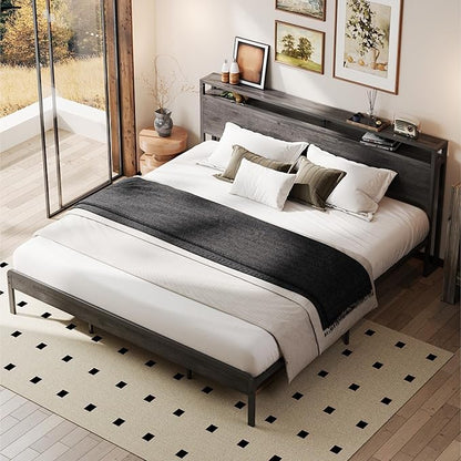 LIKIMIO California King Bed Frame with Headboard, Dark Wood Camas California King with Strong Supports, Sturdy, Noise-Free, No Box Spring Needed, Charcoal Grey