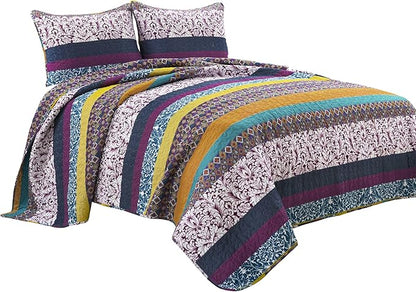 Lush Decor Boho Stripe Reversible Cotton Quilt 3-Piece Set, Full/ Queen, Plum & Yellow - Bold Colorful Bohemian Bedding Set