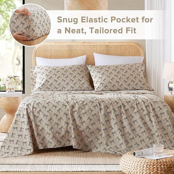 Comfort Spaces 100% Cotton Sheets Cal King, Breathable, Naturally Cool Cotton Sheets, Cotton Bed Sheets with 14" Elastic Pocket Fits up to 16" Mattress, All Seasons Sheet Set, Bow Black/Taupe 4 Piece