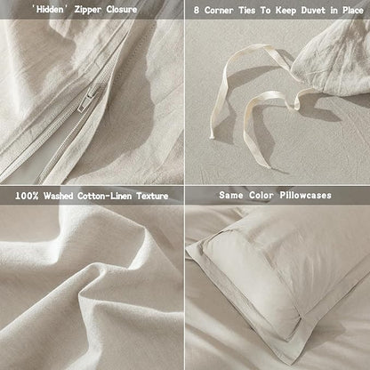 Linen Grey Duvet Cover King Size 104inch x 90inch,100% Washed Cotton Duvet Cover with Zipper Closure and 2 Pillowcases, Color of New Nature Linen