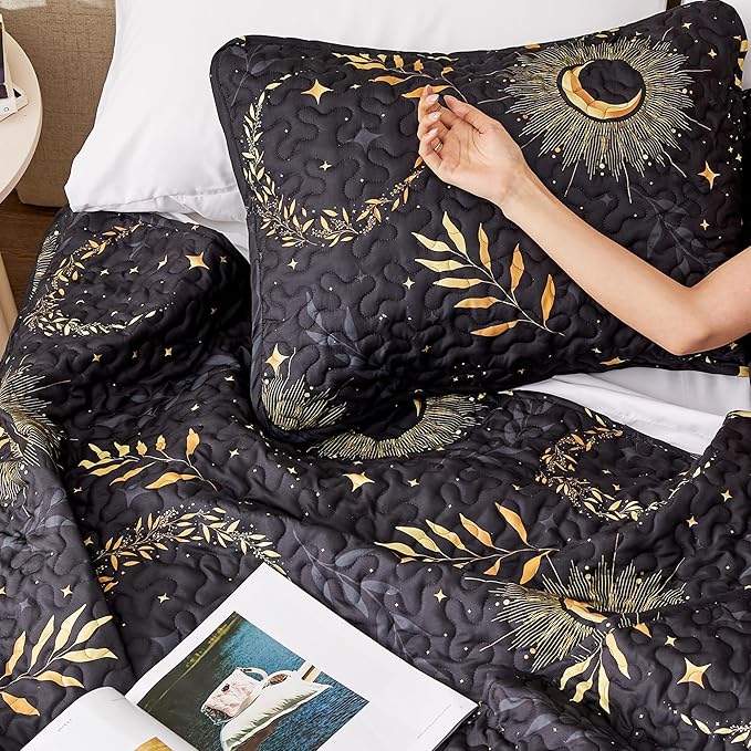 EXQ Home Quilt Set Full Queen Size Black Print 3 Piece,Lightweight Soft Coverlet Modern Style Moon Pattern Bedspread Set(1 Quilt,2 Pillow Shams)
