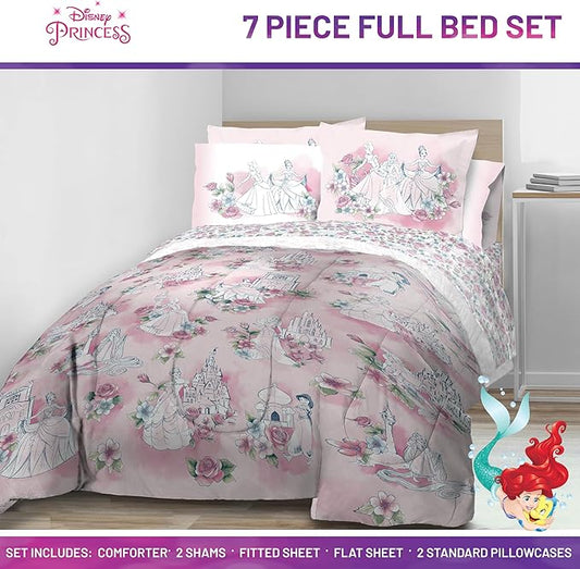 Jay Franco Kids Comforter Set Includes Sheets and Pillow Covers - Soft and Cozy Bed Set for Stylish Room Decor, Pink - Disney Princess, 7 Piece Full Bedding