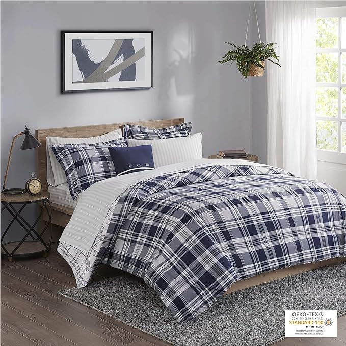 Madison Park Essentials Cozy Bed in A Bag - Reversible Comforter with Complete Sheet Set, Casual Plaid Cabin Design, All Season Cover, Decorative Pillow, Patrick Plaid Navy King(104"x92") 8 Piece