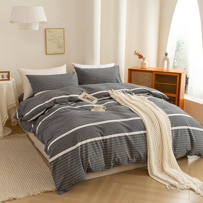 ECOCOTT Grey Striped Duvet Cover Oversized King Size, 100% Washed Cotton 3-Piece Bedding Set - Ultra Soft, Breathable & Easy Care with Zipper Closure and 2 Pillowcases, No Comforter