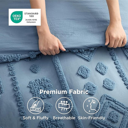 Bedsure Boho Tufted Blue Comforter King Size, GentleSoft™ 3 Pieces Boho Farmhouse Decor Bedding, Exquisite Shabby Chic Bedding for All Seasons, 1 Bed Comforter, 2 Pillow Shams, 104x90 Inches