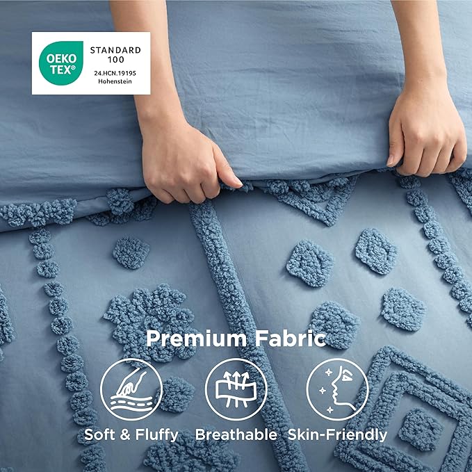 Bedsure Boho Tufted Blue Comforter Set Queen Size, GentleSoft™ 3 Pieces Boho Farmhouse Decor Bedding, Exquisite Shabby Chic Bedding for All Seasons, 1 Bed Comforter, 2 Pillow Shams, 90x90 Inches