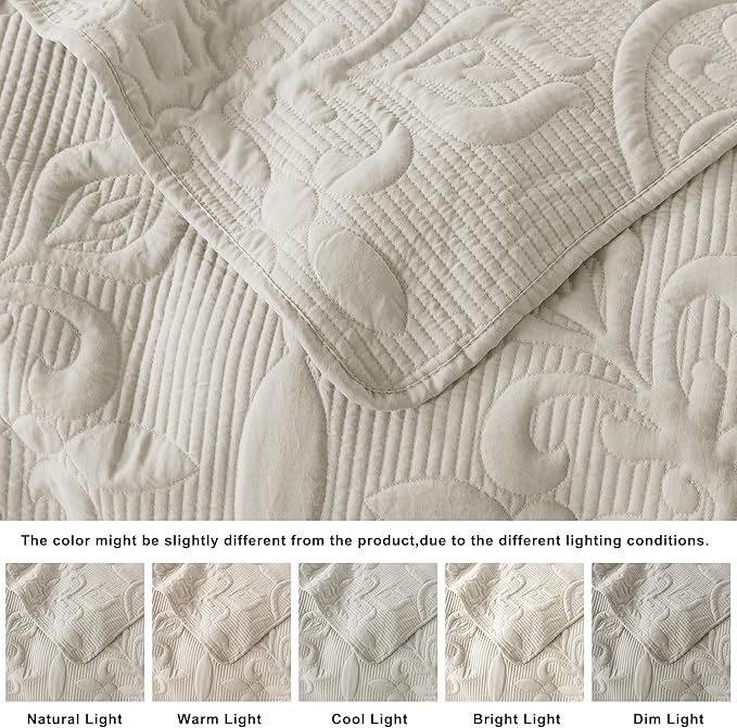 Light Beige Damask Quilt California Cal King Size Bedding Sets with 2 Pillow Shams, Oversized Boho Bedspread Lightweight Soft Farmhouse Vintage Coverlet Jacquard Bed Cover for All Season, 3 Pieces