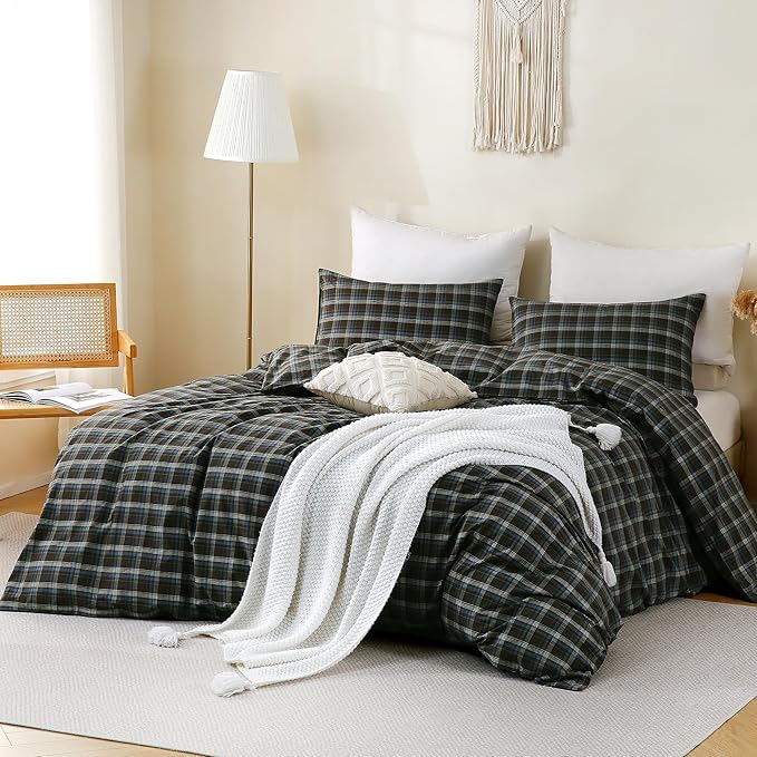 TOCOMOA Buffalo Plaid Duvet Cover Set 100% Washed Cotton Like Linen Feel Super Soft Comfy 3 Piece Brown Blue Gingham Checkered Bedding Comforter Cover Set (Full 90"x90", Comforter Not Included)