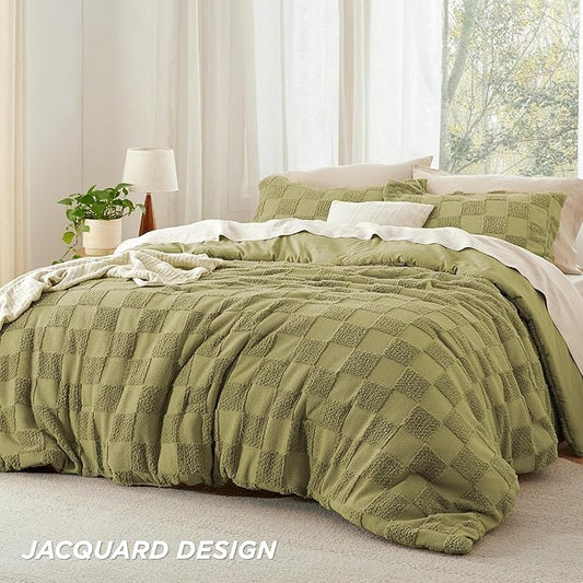 Bedsure Queen Size Comforter Set Olive Green, Boho Tufted Bed Set, Checkered Farmhouse Shabby Chic Bedding, 3 Pieces, 1 Plaid Geometric Comforter and 2 Pillow Shams