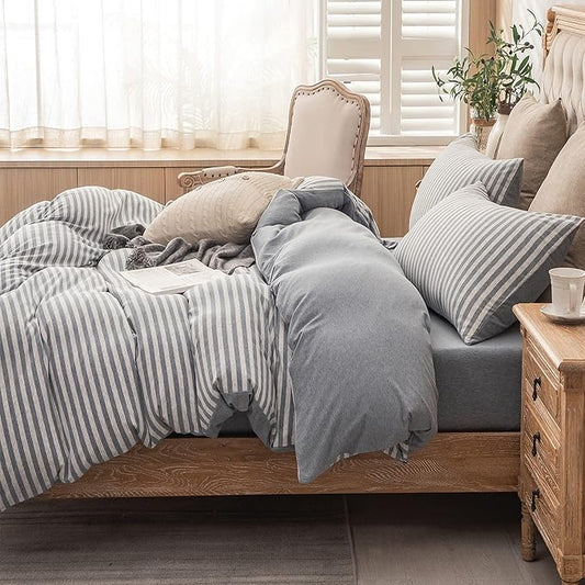 PURE ERA Jersey Knit 2pc Duvet Cover Set 100% T-Shirt Heather Cotton Super Soft Comfy Classic Striped Design, with Zipper Closure, Heather Blueish Grey Stripe, Twin