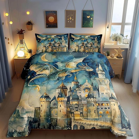 Cartoon Dragon King Size Comforter Set,Kids Watercolor Castle Decor All Season Bedding Set,Teens Dreamy Starry Sky Comforter,Fairy Tale Theme Decor Quilt Set Bedroom Collection 3Pcs