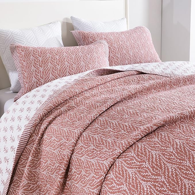 SahSahCasa Quilt Set Queen Size, 100% Cotton Quilt Bedding Set Bedspread, Botanical Pattern Solid Color Chic Lightweight Quilted Comforter for Queen Bed, White/Old Rose, All Season, 3 Pieces