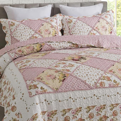Travan 3-Piece Quilt Set Quilted Bedspread Lightweight Coverlet Set Garden Style Floral Printed Oversized Quilted Bedding Set with Shams for All Season, Exquisite, Queen Size