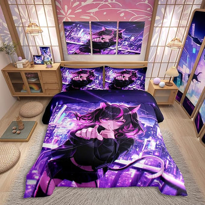 Erosebridal Kids Anime Girl King Size Bedding Set, Japanese Anime Comforter Set, Cartoon Girl Duvet Insert for Boys Teens Bedroom Decor, Kawaii Japanese Animation Quilt with 2 Pillow Cases