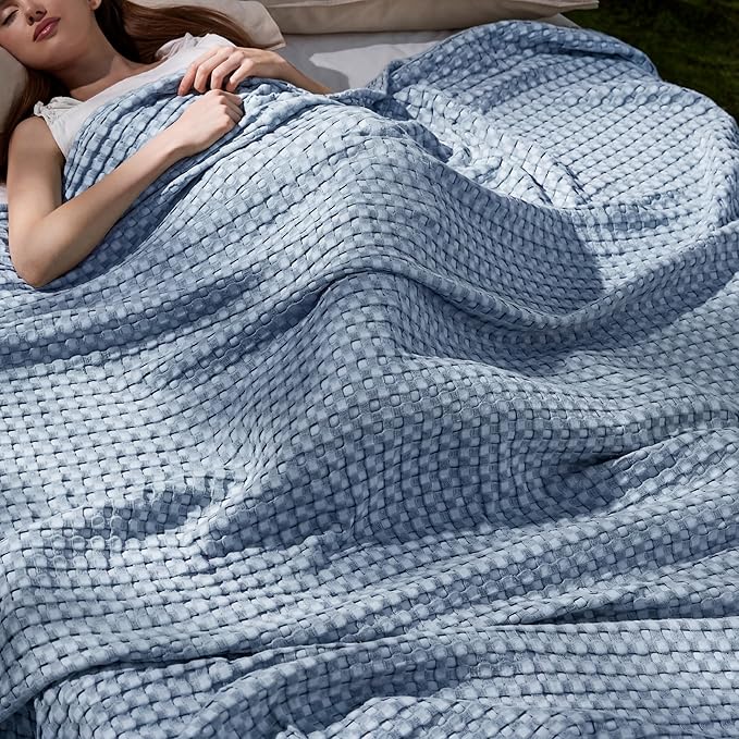 Bedsure Cooling Cotton Waffle Full Size Blanket - Lightweight Breathable Blanket of Rayon Derived from Bamboo for Hot Sleepers, Luxury Throws for Bed, Couch and Sofa, Dusty Blue, 80x90 Inches