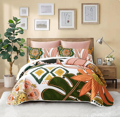 3 Piece Boho Floral Californial King Size Quilt Sets Farmhouse Reversible Lightweight Bedspread Coverlet with 2 Shams Mid Century Leaves Microfiber Bedding Quilts Set for All Season, 118''x106''