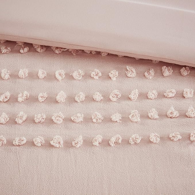 Comfort Spaces Cotton Comforter Set Jacquard Pom-Pom Tufts Design, Down Alternative, All Season Modern Bedding, Matching Shams, Full/Queen, Phillips, Blush